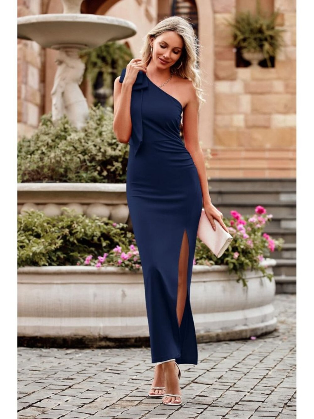 Women's Navy Blue Summer One Shoulder Long Formal Dress Ruched Bodycon Maxi - Picture 3 of 6